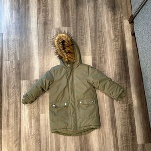 Kids Green Hooded Winter Parka with Faux Fur Trim